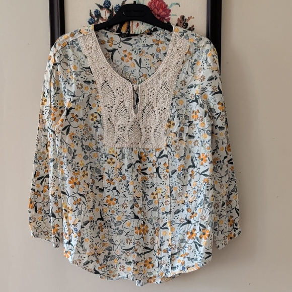 Zara Tops - Zara Floral Crochet Yoke Blouse - Green & Yellow
